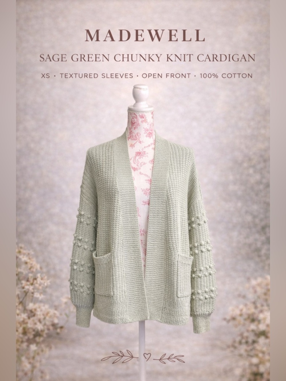 Madewell Sage Green Chunky Knit Cardigan XS Cozy Open Front Sweater Boho